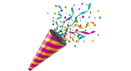 Exploding party popper with vibrant confetti and swirling streamers.
