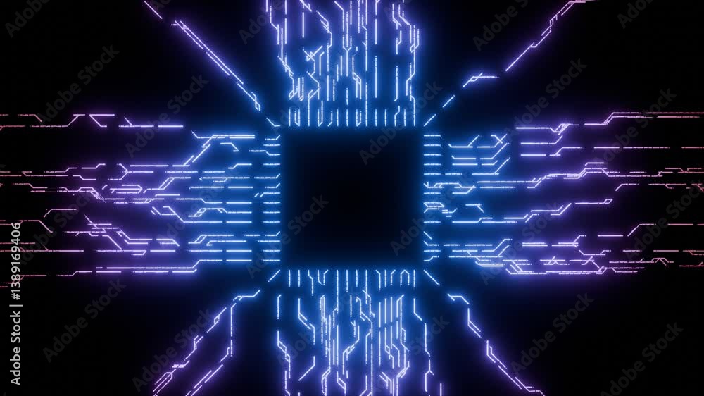 Poster seamless loop. glowing futuristic circuit board with neon purple and blue lines radiating from a cen