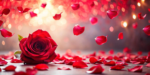 Red Rose Petals Falling on Abstract Floral Background – Romantic Greeting Card Design