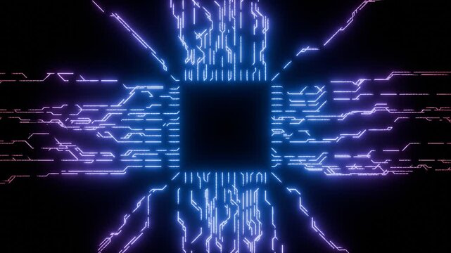 Seamless loop. Glowing Futuristic Circuit Board with Neon Purple and Blue Lines Radiating from a Central Microchip. For Technology product background