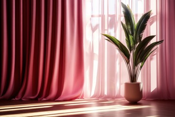 A decorative houseplant beside pink curtains with sunlight coming through