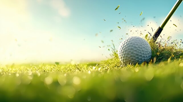 A close-up of a golf ball on a lush green turf, with a club striking the ground, capturing the essence of a sunny golf day.