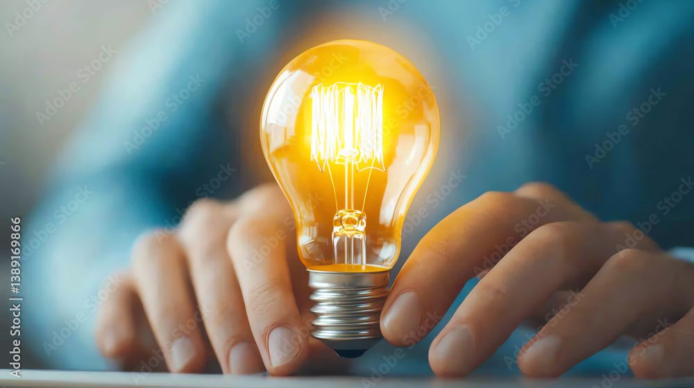 Poster a close-up of a person holding a glowing light bulb, symbolizing innovation and ideas in a modern wo