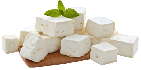 Detailed Photo Of Delicious White Cheese Cubes With Mint On Brown Board
