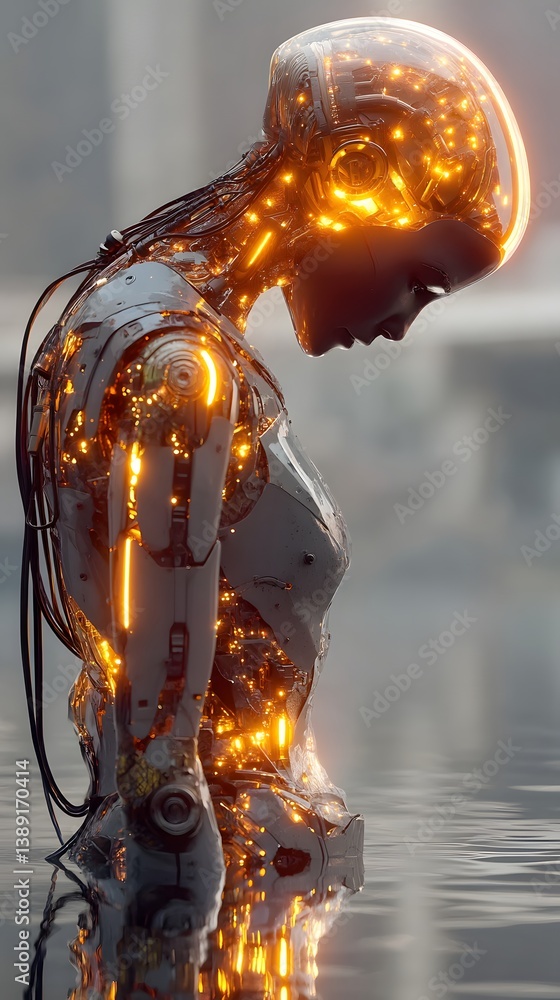 Poster adaptable artificial intelligence, a futuristic ai dynamically reconfiguring itself, glowing circuit