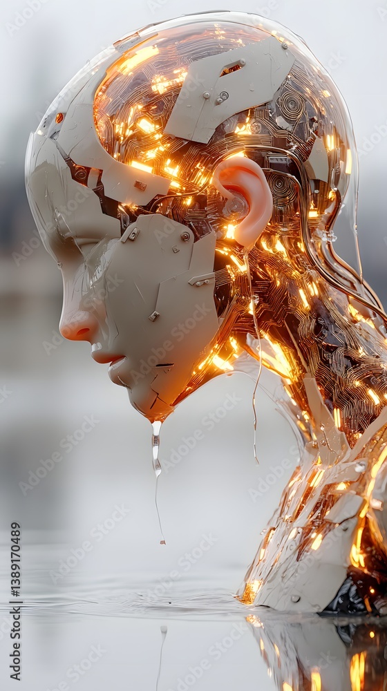 Poster adaptable artificial intelligence, a futuristic ai dynamically reconfiguring itself, glowing circuit