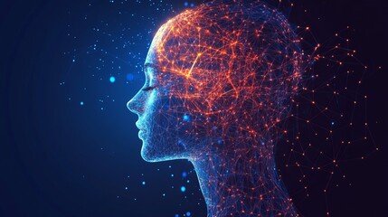 Abstract digital human head with glowing network connections on a dark blue background