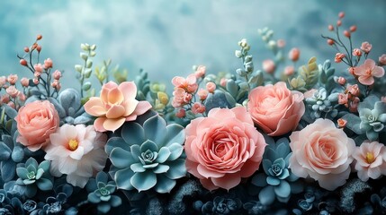 Floral arrangement with roses and succulents against soft, blurred backdrop