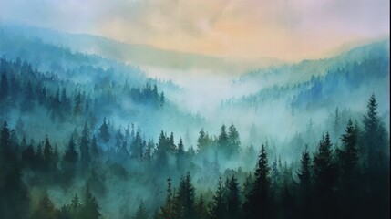 Watercolor of landscape forest misty mountains horizon and fog and hills,pine tree fir tree,Autumn forest background,drawn by hand,Autumn illustration design elements for landscape,wallpaper.