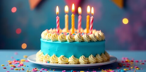 Colorful birthday cake with vibrant blue frosting and shiny gold candles, delicious, festive, confectionery