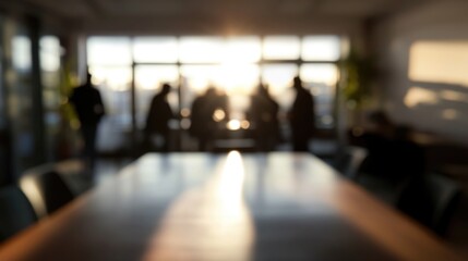 Leadership, silhouette and business people in blurred conference room for discussion, growth or development. Planning, teamwork or office employees in meeting for negotiation, acquisition or deal