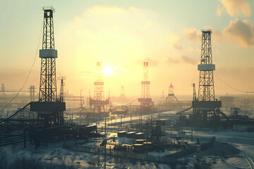 Obraz premium Oil drilling rig field at sunrise