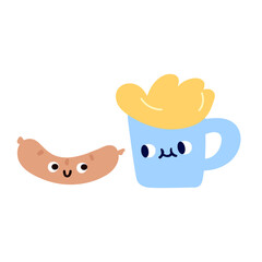 Cute characters. Beer and sausage. Hand drawn illustration on white background. Best for menus and stickers.