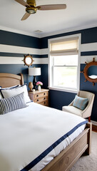 A bedroom decorated with navy blue and white colors, maritime decor, and striped patterns, reflecting a nautical theme