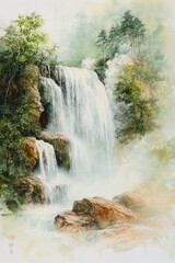 Obraz premium A majestic waterfall cascades down rocky cliffs amongst trees and green foliage