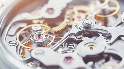 Watch movement macro. Silver & gold gears, ruby jewels, complex mechanics