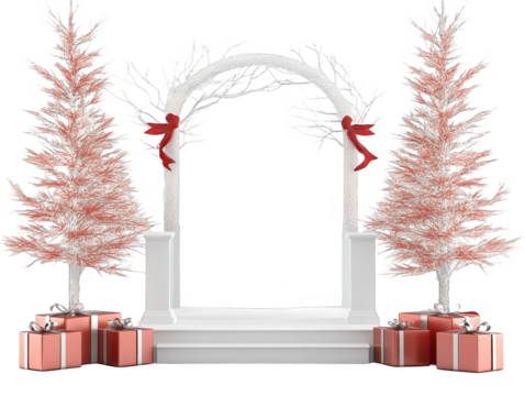 Festive Christmas Arch Illustration With Red Presents And White Tree Background
