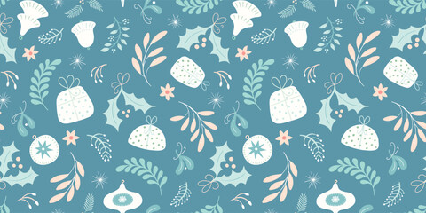 Christmas seamless pattern border, cosy festive foliage, gifts and baubles. Winter holiday modern design vector resource. 