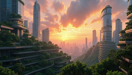 Eco Friendly Urban Rooftop Gardens at Sunset in Modern Cityscape