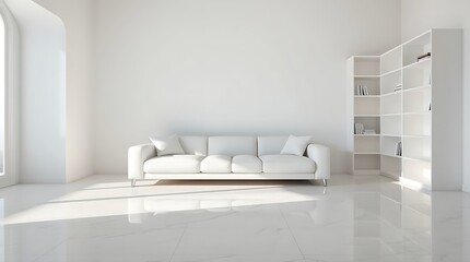 Modern Cozy minimalist living room design with a white sofa,book shelf,  open layout, Scandinavian living style, open-concept living, minimalist design.Luxurious hotel room apartment