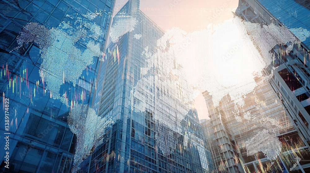 Poster abstract world map layered with financial chart lines in urban setting