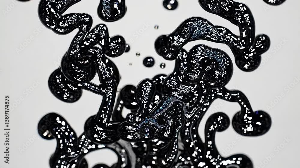 Poster abstract video of black liquid droplets and tendrils captured in mid-air from a low-angle, creating 
