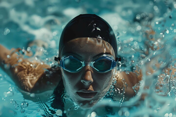 Fototapeta premium Focused female swimmer gliding through water