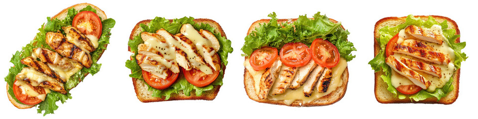 Four grilled chicken sandwich variations.