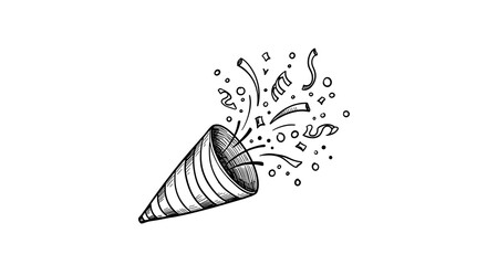 Hand-drawn party popper with confetti and streamers flying out.
