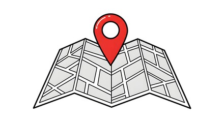 Stylized map with a prominent red location pin positioned on it.