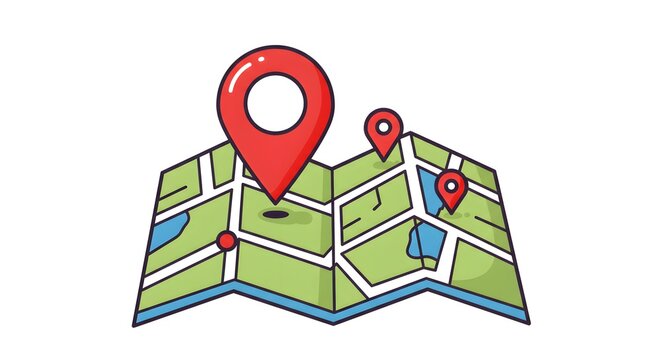 Colorful map illustration with multiple red location marker pins.