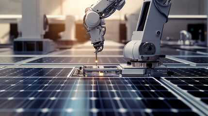 A robotic arm assembling an AI powered portable power station in a renewable energy lab, surrounded by solar panel data and battery storage systems, Clean energy style
