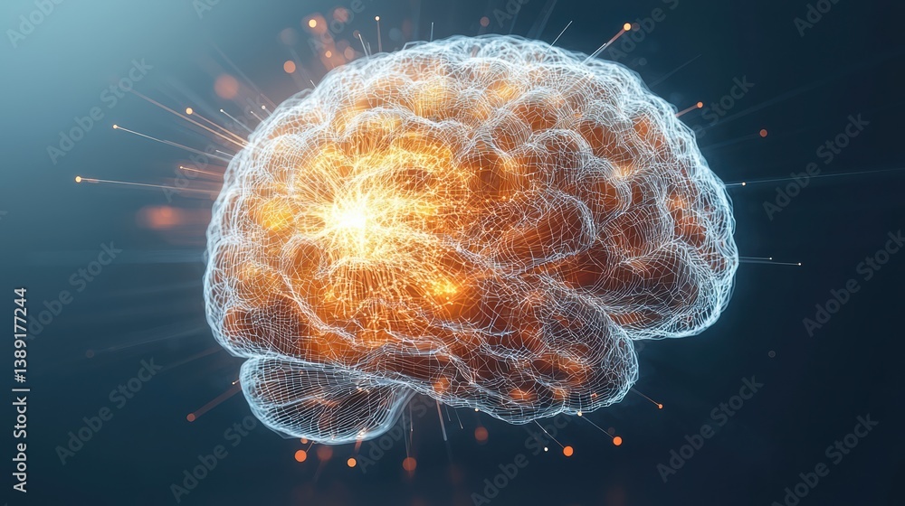 Poster A detailed digital illustration of a brain representing knowledge, technology, and cognitive processes with glowing effects.