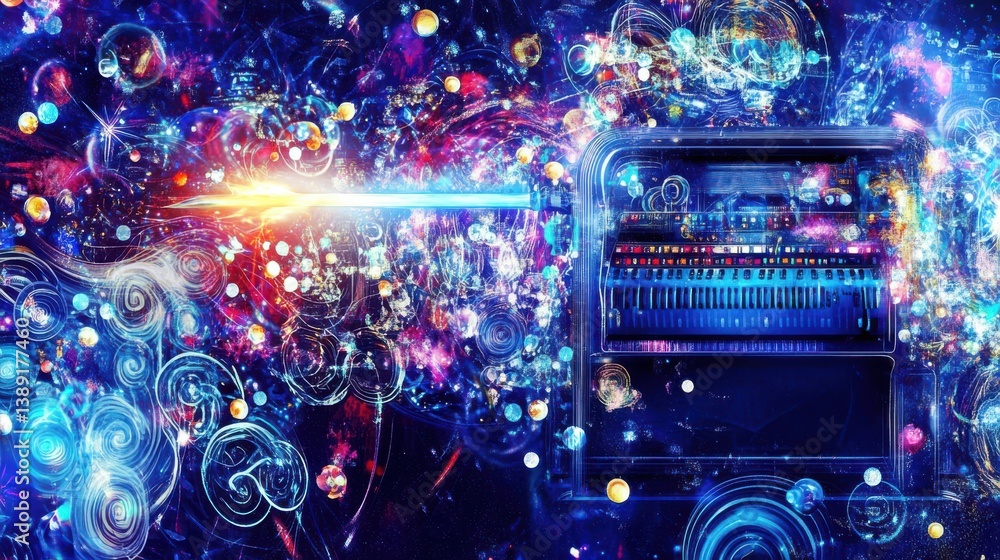 Poster surreal abstract composition with colorful energy flowing from futuristic electronic device in cosmi
