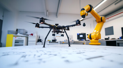 A robotic arm assembling an AI powered precision drone for surveying in a construction tech lab, surrounded by land survey data and navigation algorithms, Surveying technology style