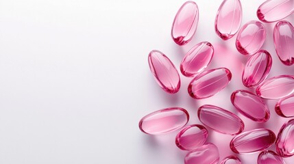 Pink vitamin capsules on a white background. Transparent supplements layout with text space, ideal for health and wellness branding.