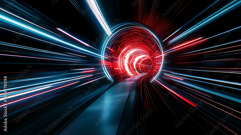 Poster a dynamic, colorful tunnel representing high-speed motion and energy, showcasing futuristic concepts