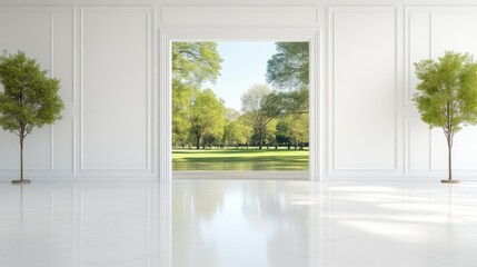 Fototapeta premium Spacious, bright interior with a view of a park