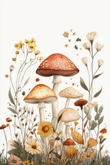 A Watercolor Illustration Of Mushrooms Among Delicate Wildflowers