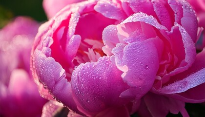 ピンク色のシャクヤクが朝の光を受けて輝き、花びらに宿った細かな露が宝石のようにきらめく幻想的な朝の情景
