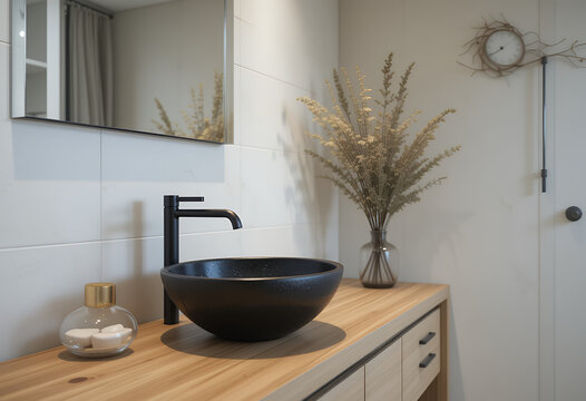 Minimalist interior design of modern bathroom with wooden countertop and black vessel sink, accompanied by sleek black faucet and natural plant decor in soft lighting. - Powered by Adobe