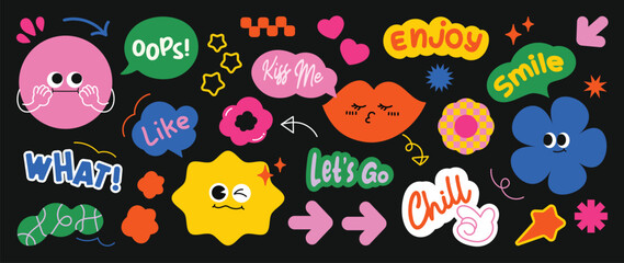 Set of colorful funny shape element vector. Collection of cartoon characters, cute doodle dawn, geometric, speech bubble with fun eye. Design for decorative, sticker, toys and kids.