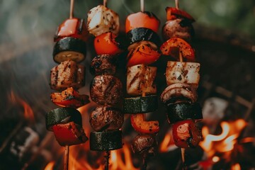 Macro shot of vegetable skewers bell peppers mushrooms and zucchini roasting on an outdoor grill