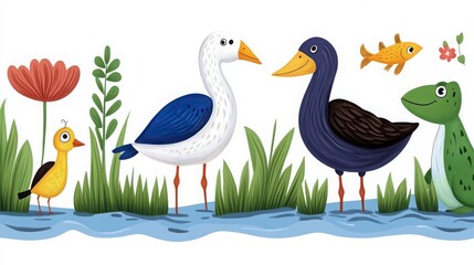 Naklejka premium Colorful Illustration of Cartoon Birds and Animals by the Water