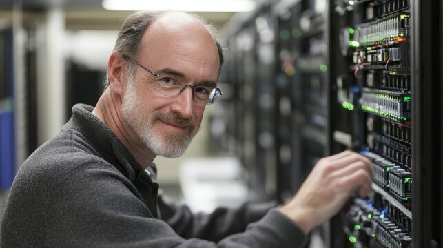 IT professional analyzing data in a server room, embodying focus and expertise in technology management.
