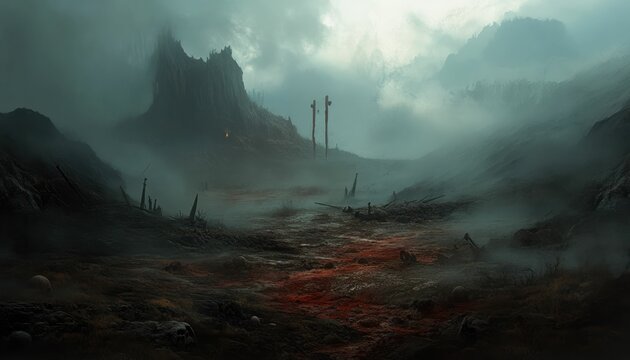 Eerie landscape shrouded in mist, evoking a sense of desolation and despair