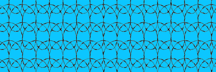 Spiral black barbwire on blue sky seamless bg. Razor wire as no entry security concept. Army camp. Jail fence. Vector illustration