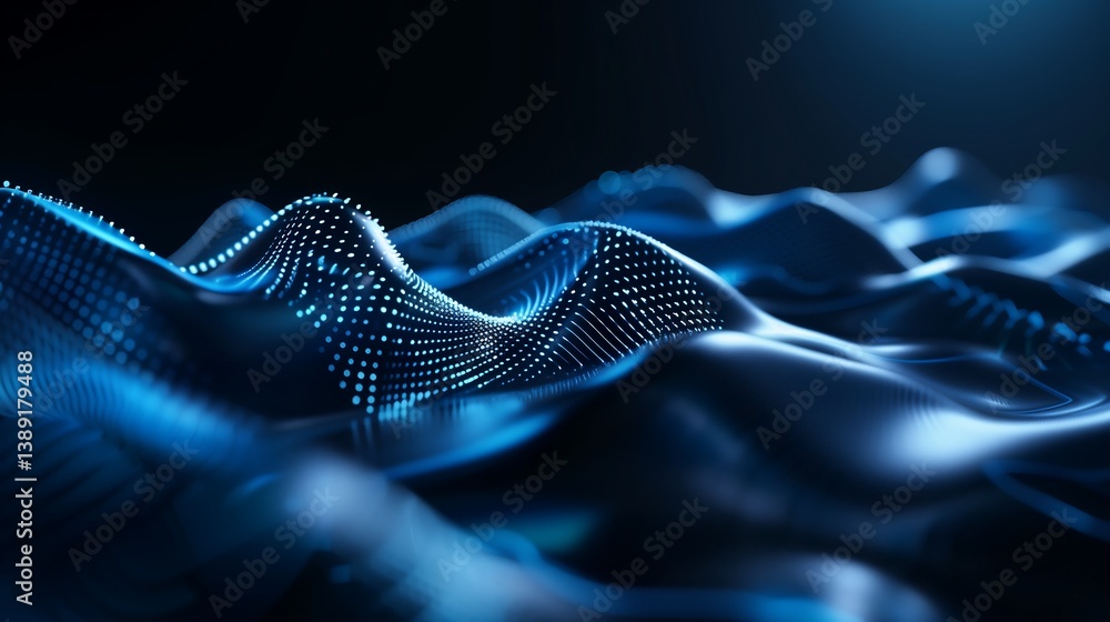 Poster a minimalist 3d abstract technology background with flowing wave-like structures, metallic and glass