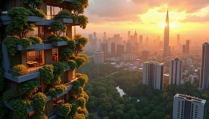 Eco Friendly Urban Rooftop Garden with Cityscape at Sunset