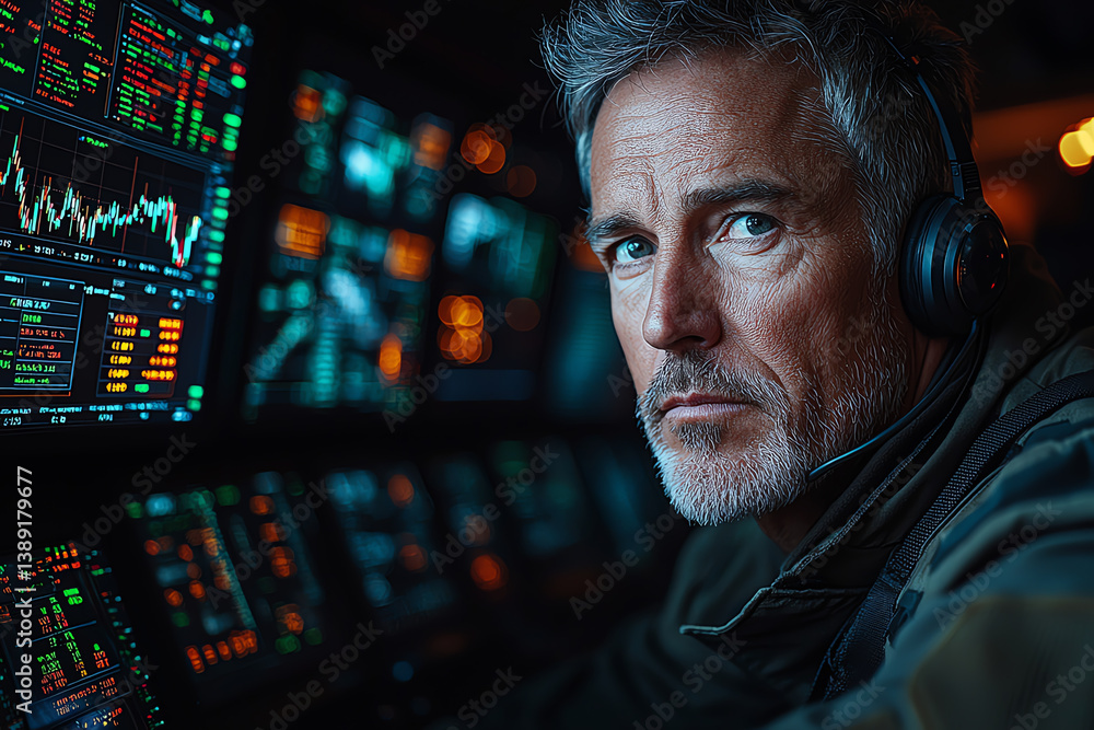 Poster A focused man monitors digital data on screens, showcasing the intersection of technology and analytical expertise.